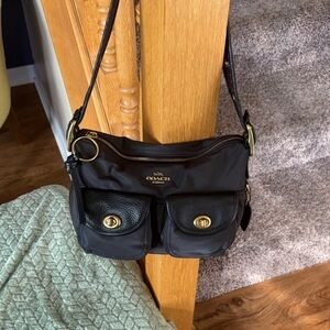 Coach Black Nylon@Leather Turnlock double satchel Crossbody Bag